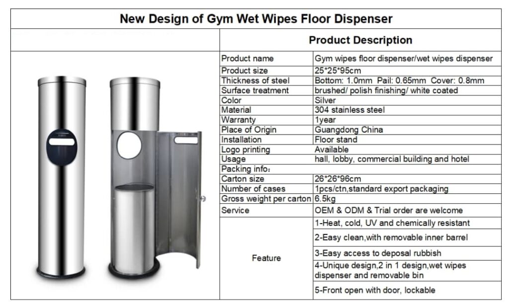 gym wet wipes dispenser specs