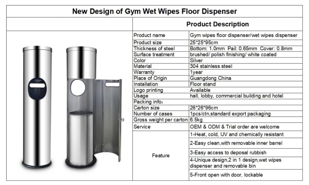 gym wet wipes dispenser specs